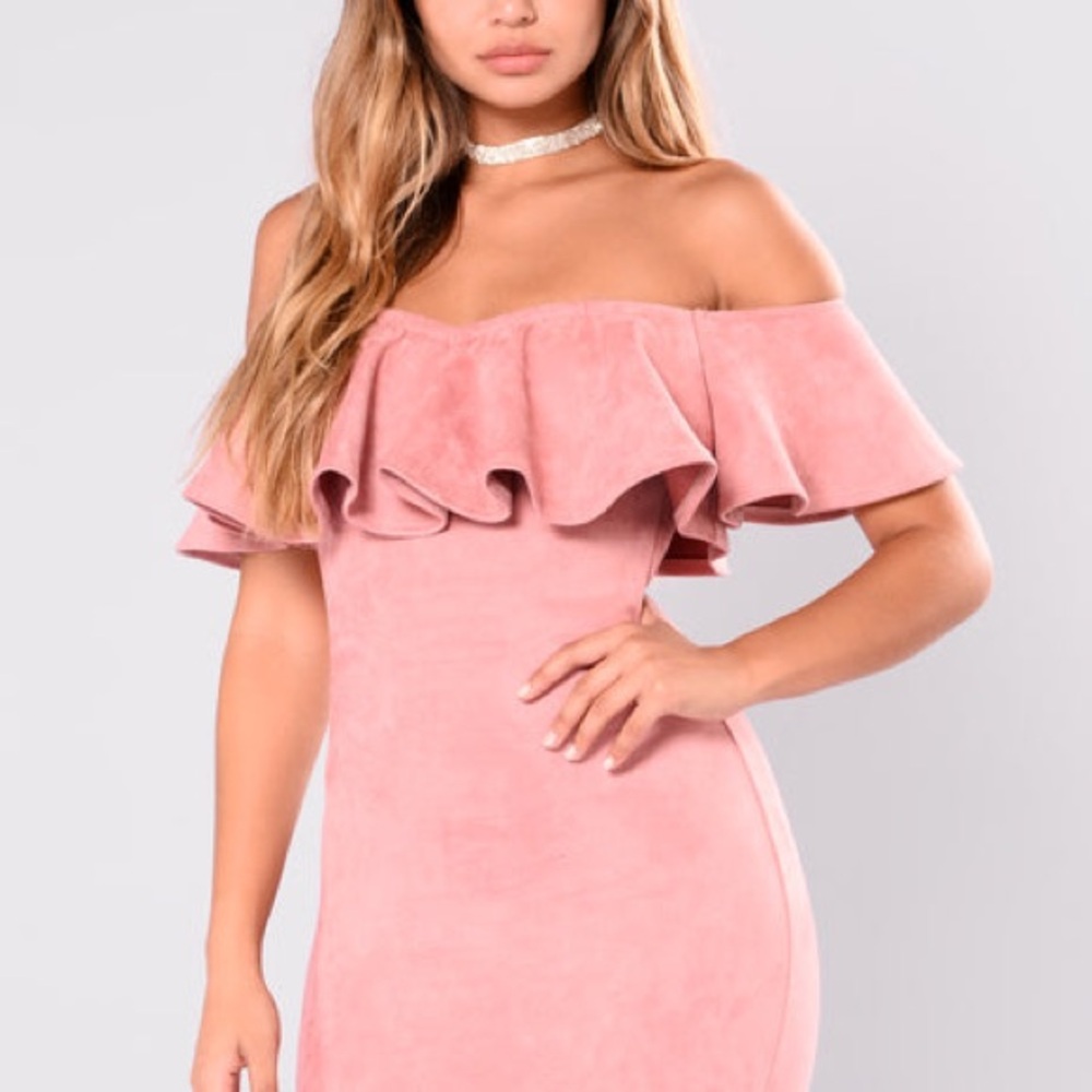 Fashion Nova Pink Ruffled Off-Shoulder Bodycon Midi Dress - Picture 8 of 8